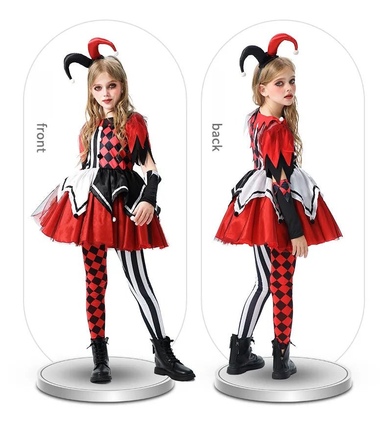 Halloween Cosplay Costumes Horror Clown Dresses Pants Headwear Clothes Sets Carnival Theme Party Role Playing Outfits for Girls