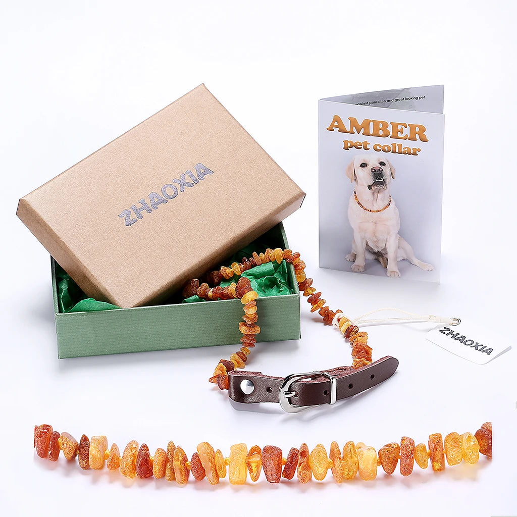 Raw Baltic Amber with Adjustable Leather Strap for Dogs and Cats
