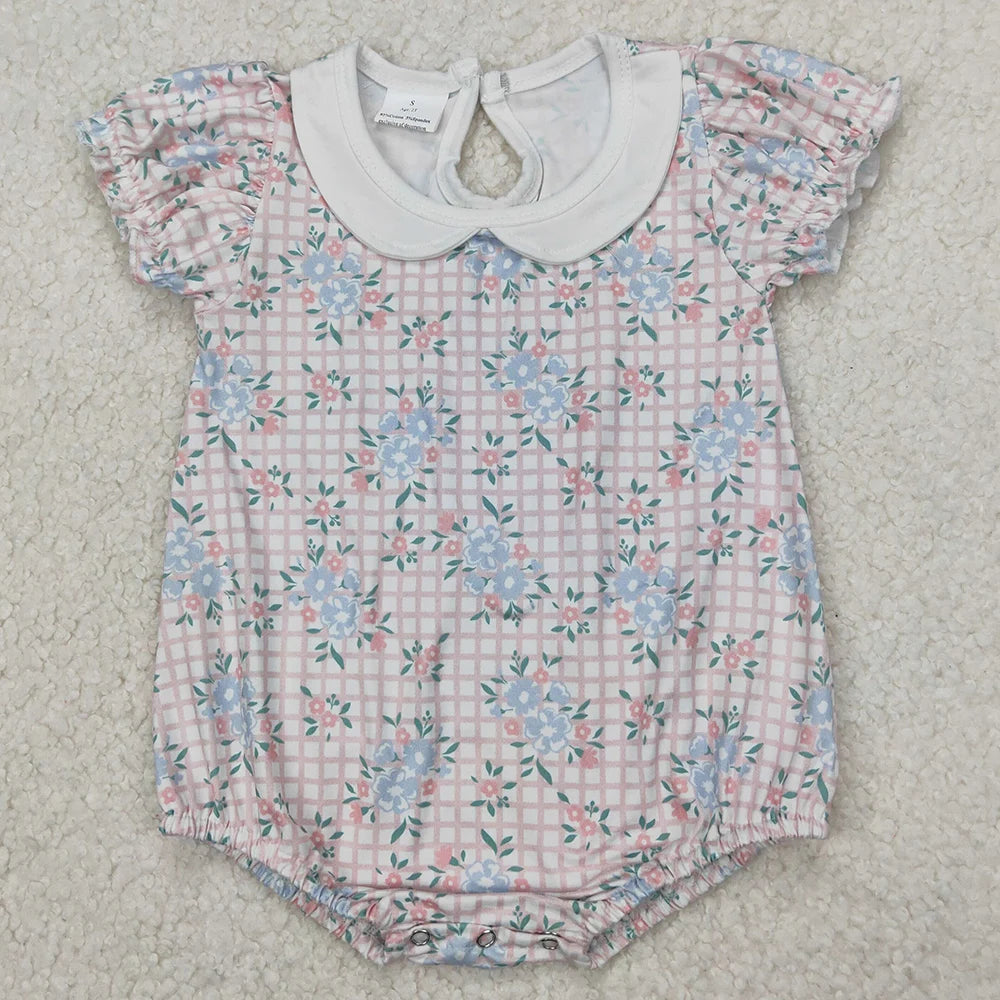 New Fashion Baby Girls Rompers Pink Checkered Flowers Short Sleeve Rompers Boutique Toddler Girls Bubbles Summer Baby Onesie Hot