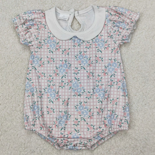 New Fashion Baby Girls Rompers Pink Checkered Flowers Short Sleeve Rompers Boutique Toddler Girls Bubbles Summer Baby Onesie Hot