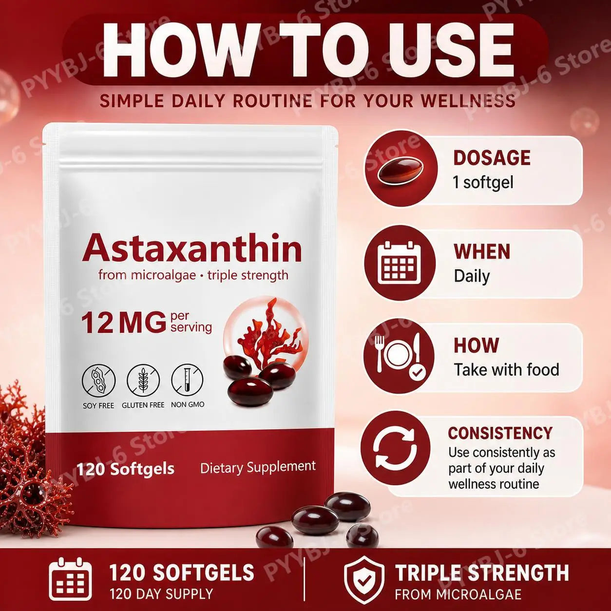 Astaxanthin Softgels Triple Strength From Microalgae Supports Healthy Aging Promotes Collagen Supports Skin Barrier 120 Softgels