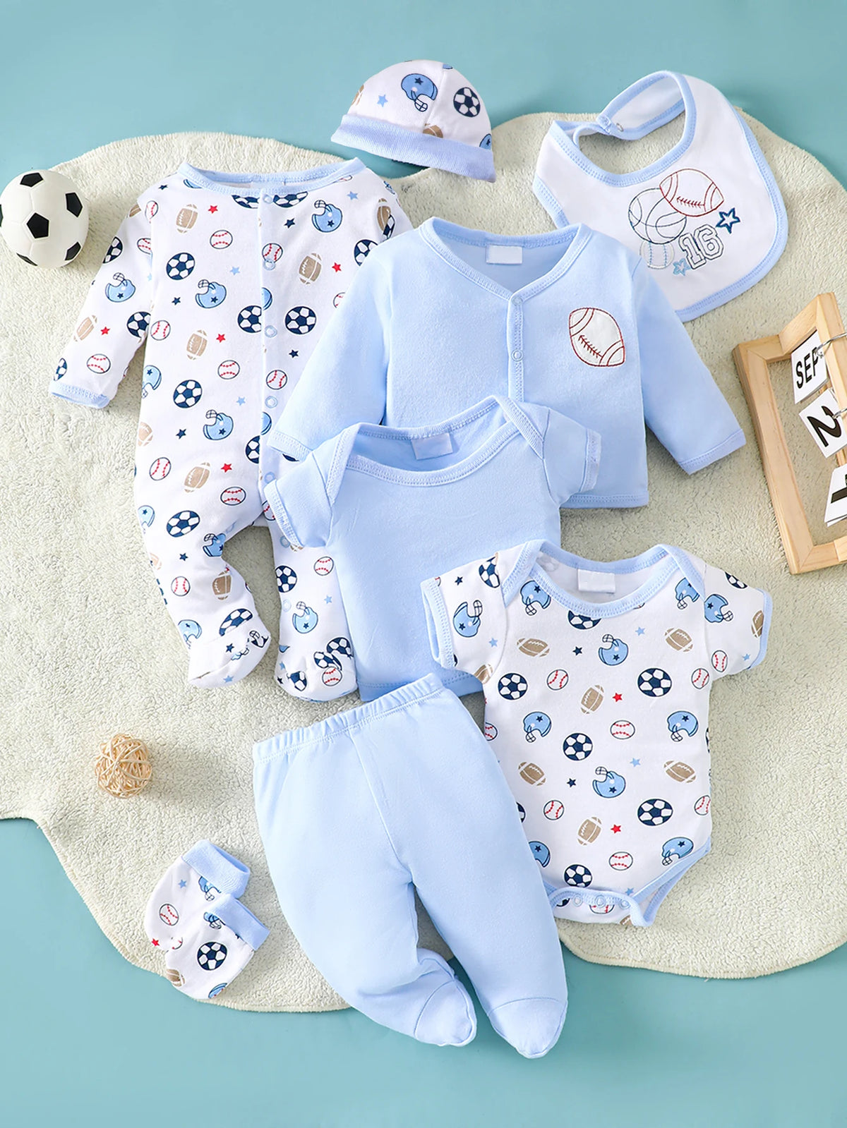 8-Piece Baby Romper Set | 100% Cotton | Soft & Breathable | Blue Cartoon Rugby Design | For 0-9 Months Infants