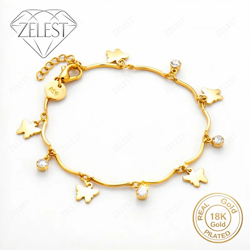 925 Sterling Silver 18K Gold Plated 8-inch Exquisite Butterfly Zirconia Bracelet, Women's Fashion Wedding Party Jewelry