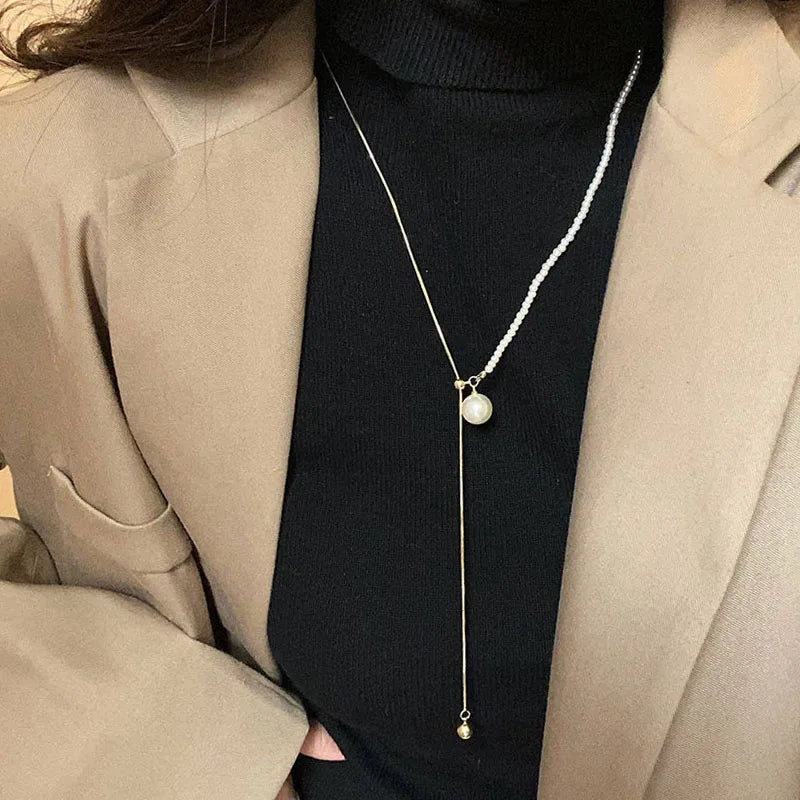 Chic Pearl Lariat Necklace Gold Chain Adjustable Minimalist Sweater Chain Jewelry for Women Statement Neck Jewelry Accessory New