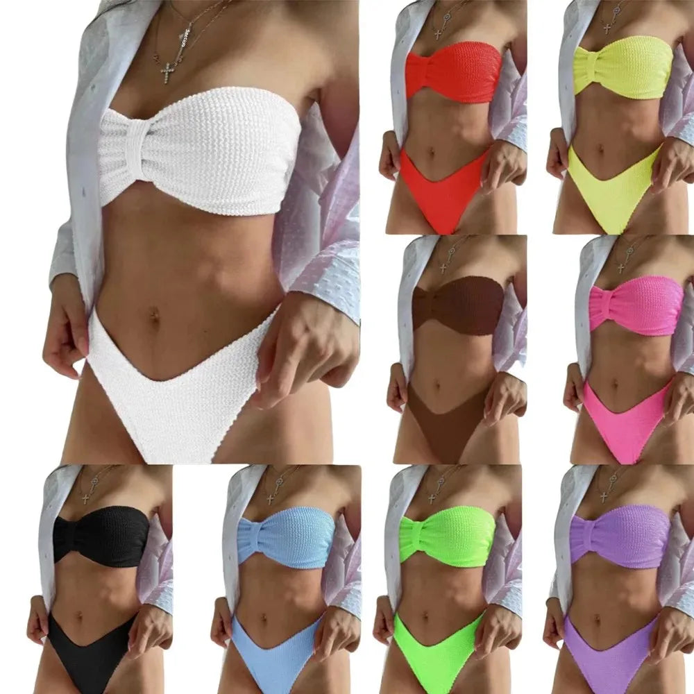 Sexy Pure Color Bikini Swimsuit Two-Piece Strapless Crossbody Women's Swimwear Trendy Beachwear Cross-Border Popular