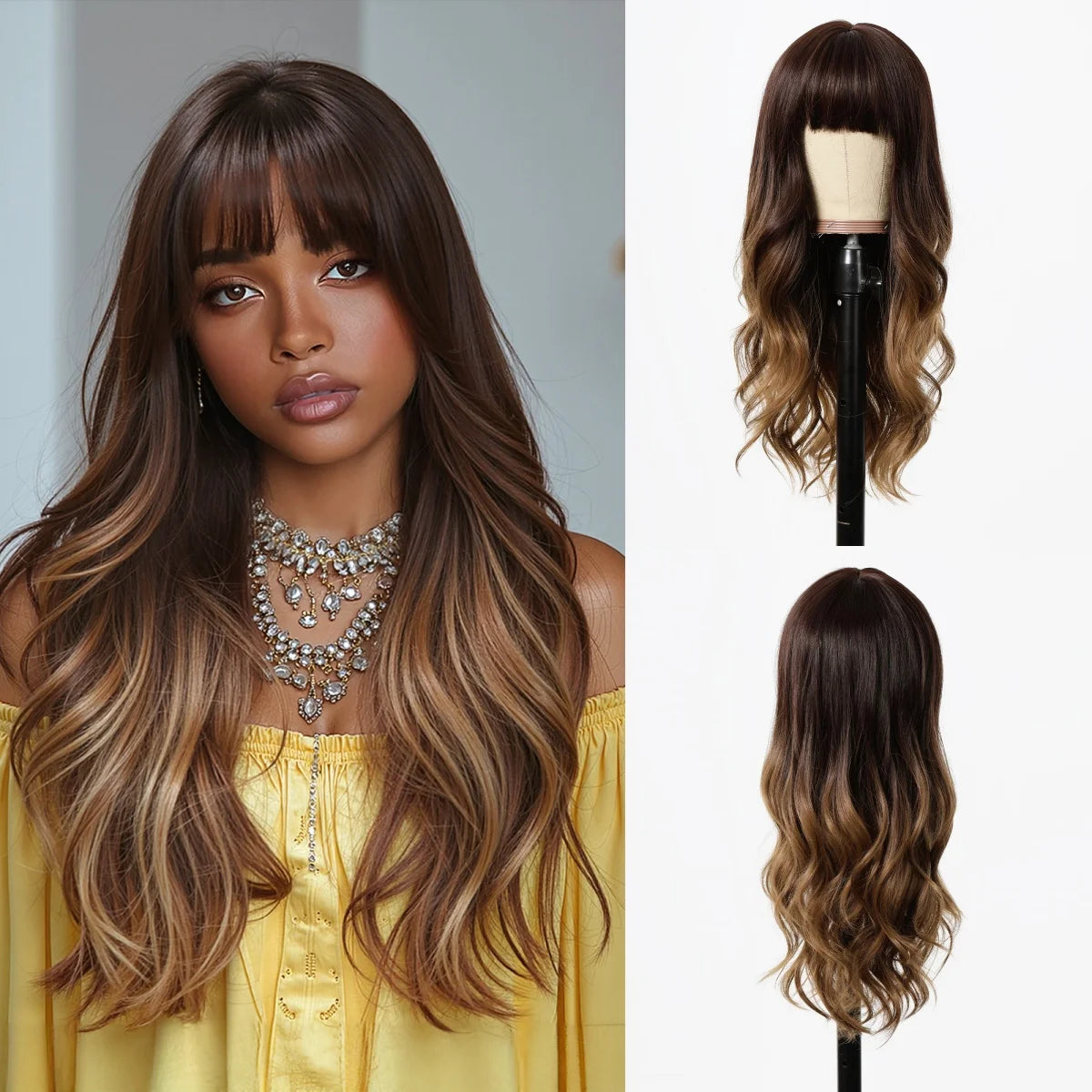 EASIHAIR Long Wavy Synthetic Wigs Natural Ombre Brown Wig with Bangs for Women Daily Cosplay Party Use Heat Resistant Fiber
