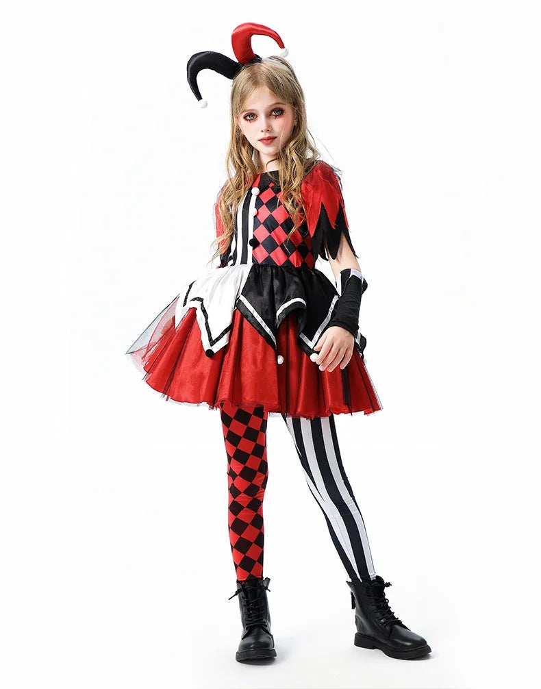 Halloween Cosplay Costumes Horror Clown Dresses Pants Headwear Clothes Sets Carnival Theme Party Role Playing Outfits for Girls