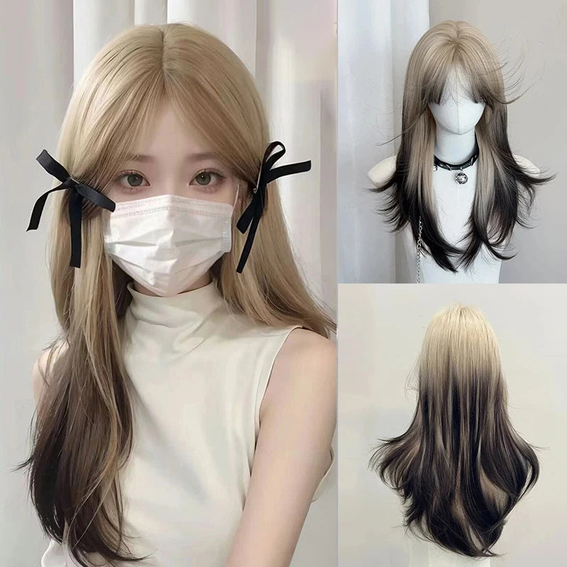 Ombre Pink Brown Wig for Women Cute Lolita Hair Wig with Bangs High Temperature Fibers Synthetic Wigs Headband Wigs for Cosplay