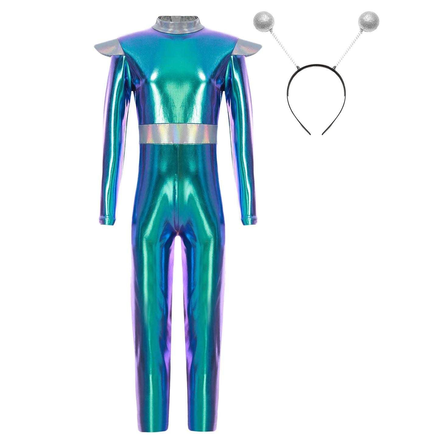 Kids Boys Girls Halloween Carnival Alien Cosplay Performance Costume Long Sleeve Metallic Shiny Space Jumpsuit with Hair Hoop