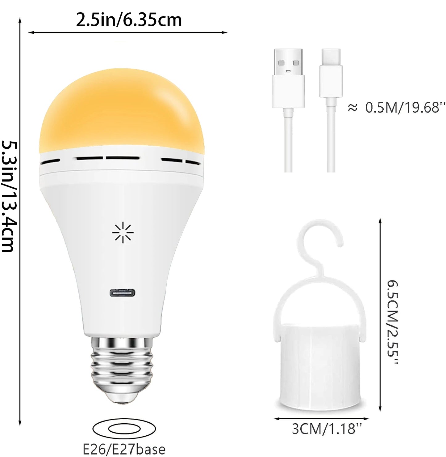 USB-C Rechargeable Light Bulb with Remote Control E27 Smart Battery BulbTouch Control Dimmable LED Bulbs with Timing