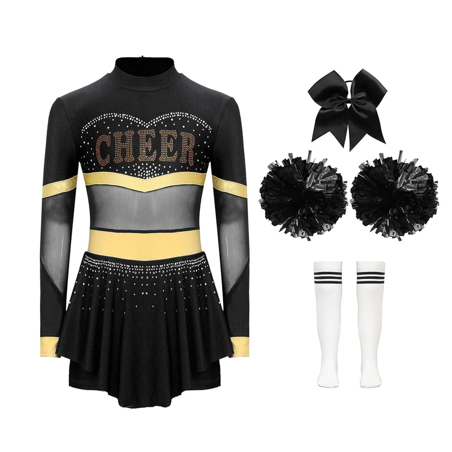 Girls Cheerleader Costume Long Sleeve Cheerleading Uniform Children Cheer Dance Dress Hand Flower Socks Stage Dancewear Sets