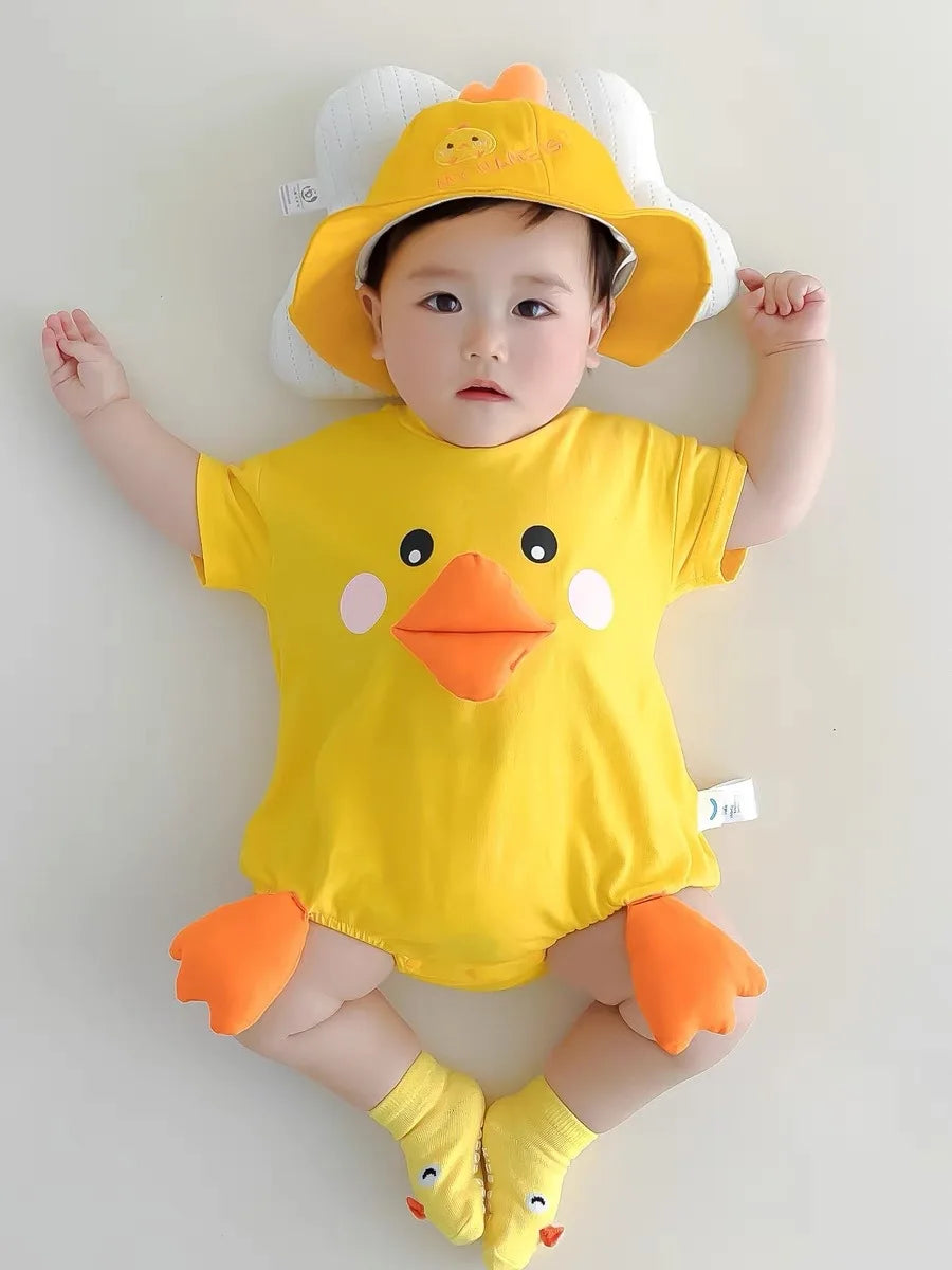 Infant Baby Clothes Adorable 3D Duck Girl Boy Romper Summer Lightweight 100% Cotton Jumpsuit w/ Hat & Socks Role Play Costume