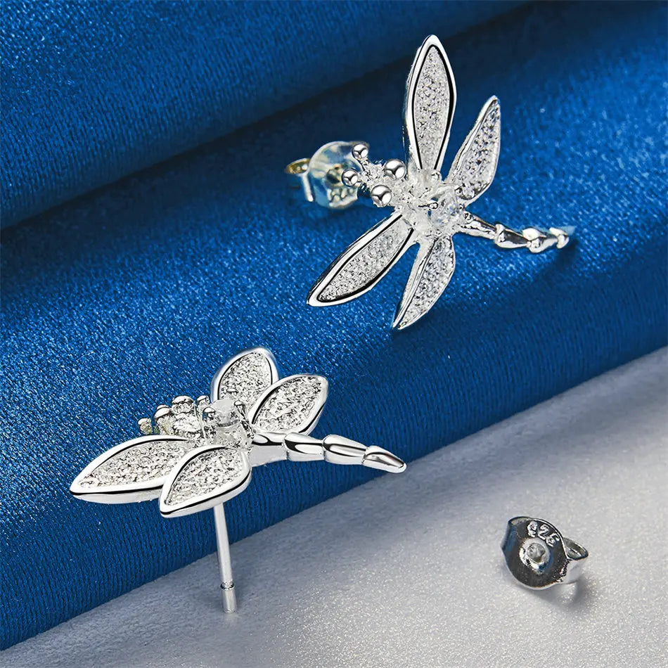 925 Sterling Silver Exquisite Dragonfly Zircon Stud Earrings for Women Fashion Wedding Gift Party Accessories Jewelry