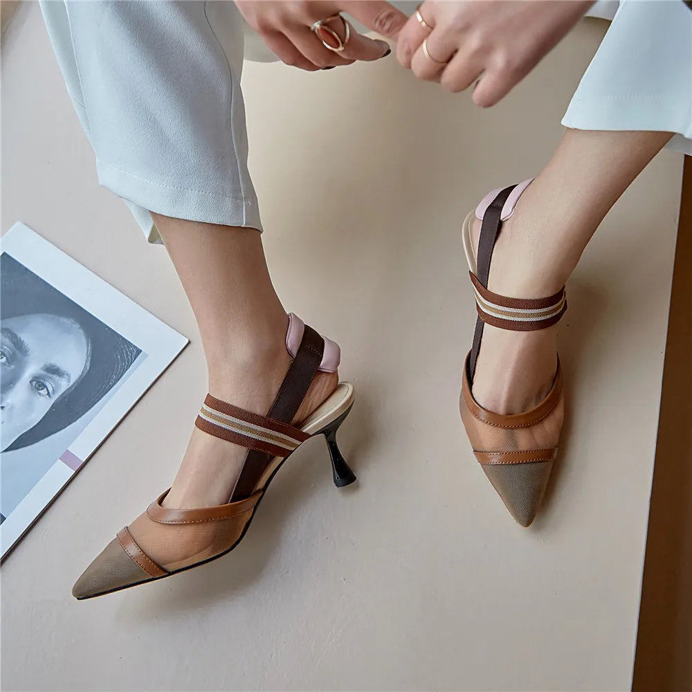 Aucegi Pointy Toe Thin High Heel Slingback Sandals Women Brand Design Elegant Genuine Leather Splicing Mesh Party Dress Shoes