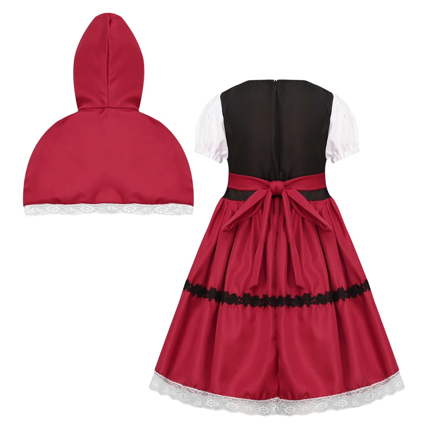 Kids Girls Halloween Cosplay Costume Puff Sleeve Lace Trim Red Hood Dress with Hooded Cape for Themed Party Roleplay Dress Up
