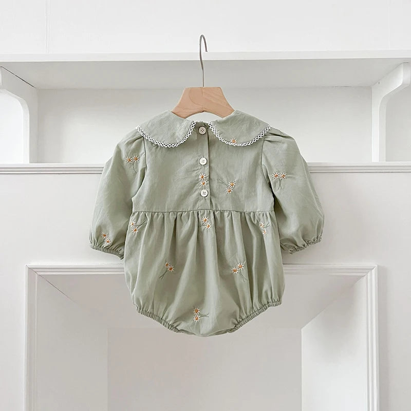 0-24M New Newborn Baby Girl Lapel Korean Style Bodysuit Autumn Long Sleeved Cotton Embroidery Climbing Suit Baby Girl Clothing