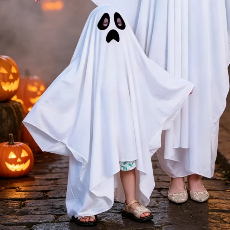 Halloween Kids Adults Funny Costume Cape Sad Face White Ghost Poncho for Boys Girls Family Matching Outfits