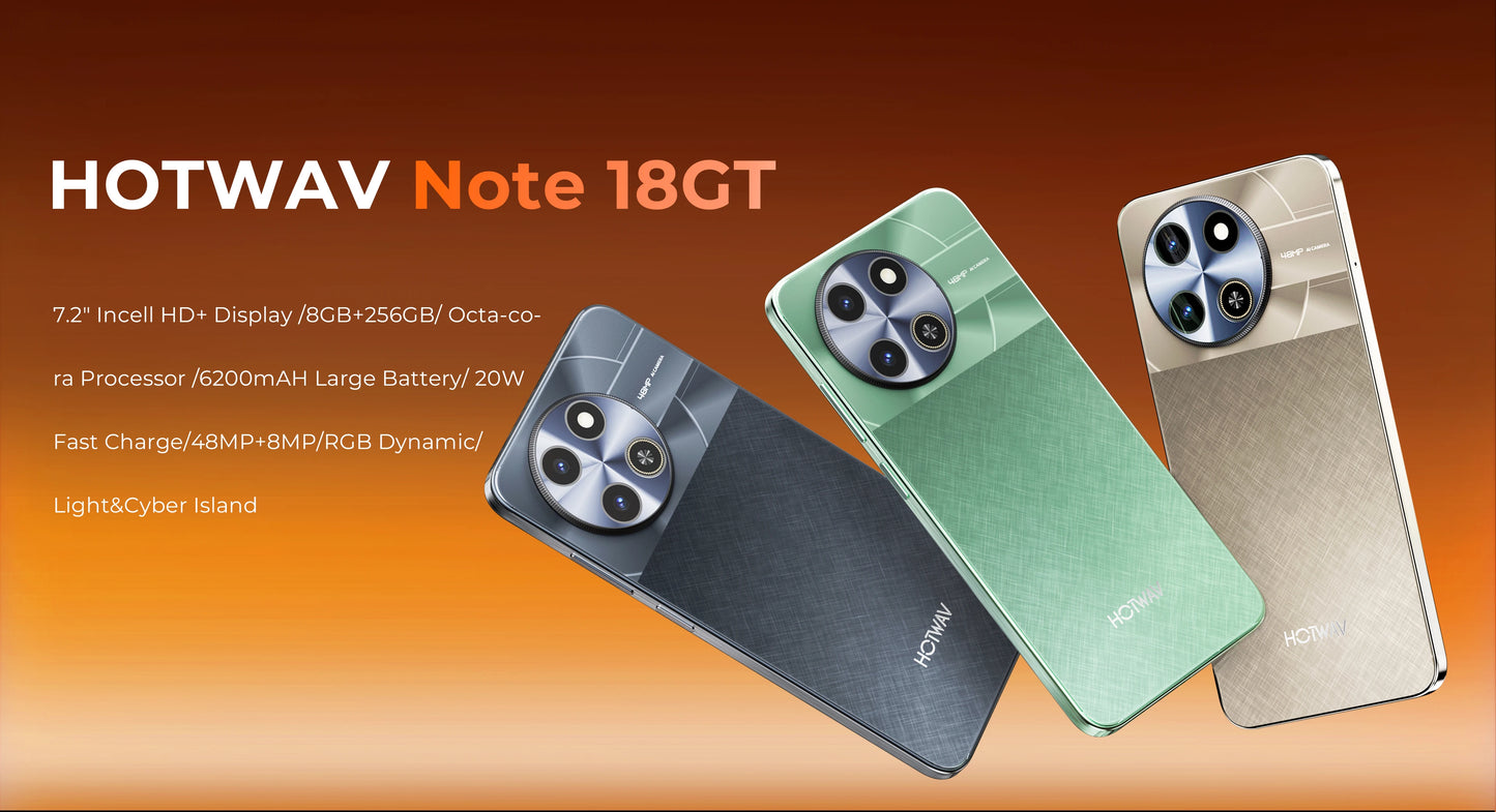 HOTWAV Note 18 GT Smart Phone 7.2'' 120Hz 8.6mm Ultra-Thin Mobilephone 8GB RAM 256GB ROM 6200mAh Battery Android 15 Cellphone