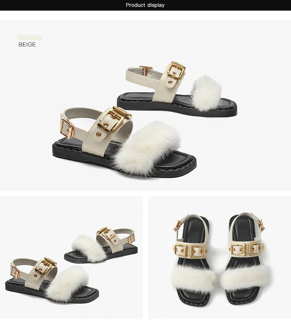 BeauToday Flat Sandals Women Cow Leather Square Toe Mink design Buckle Strap Elegant Female Furry Shoes Handmade 32372