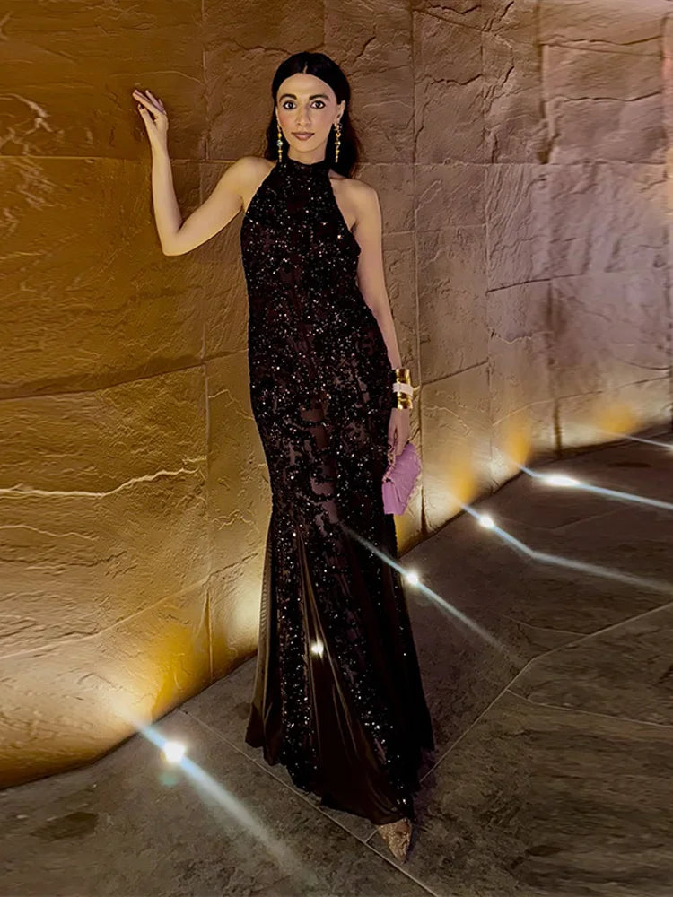 Elegant Sequin Maxi Evening Dress Halter Neck Open Back Women's Formal Party Prom Gown Sparkling Festival Female Long Dresses