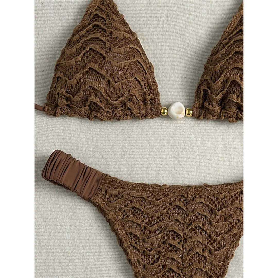 2026 Wrinkled Crinkled Halter Bikini Women Swimwear Female Swimsuit Two-Pieces Bikini Set Padded Bather Bathing Suit Swim V8135