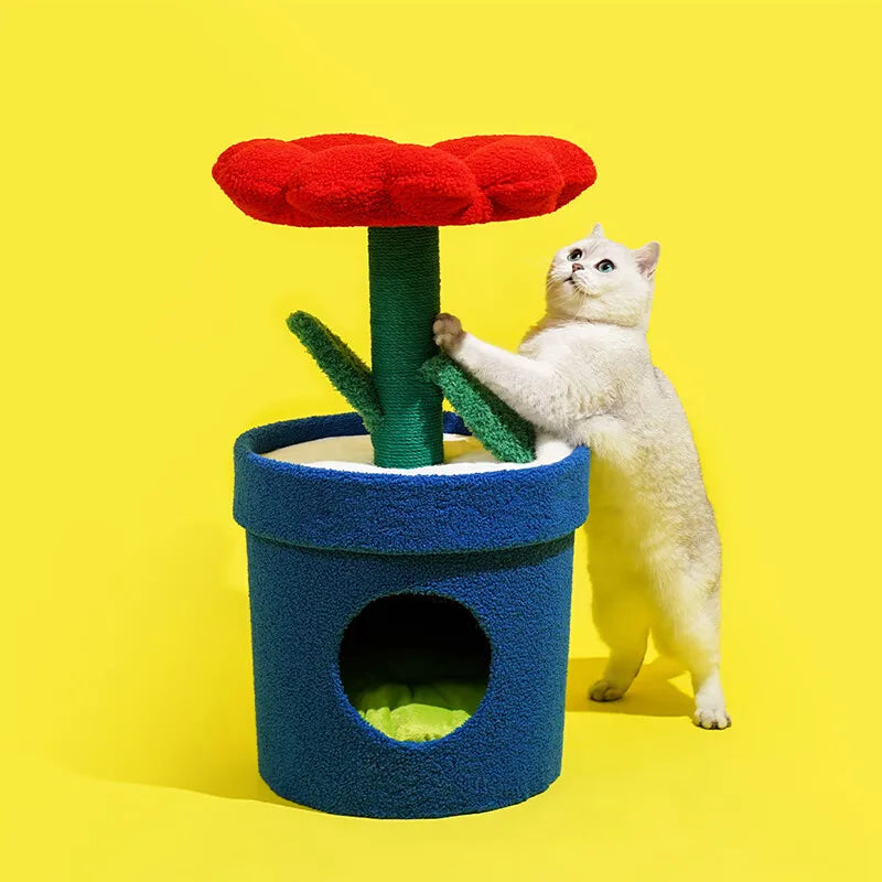 Red Flower Potted Cat Tree with Integrated Cat Bed Below Medium-Sized Cat Tree (Suitable for Cats Under 15 lbs)
