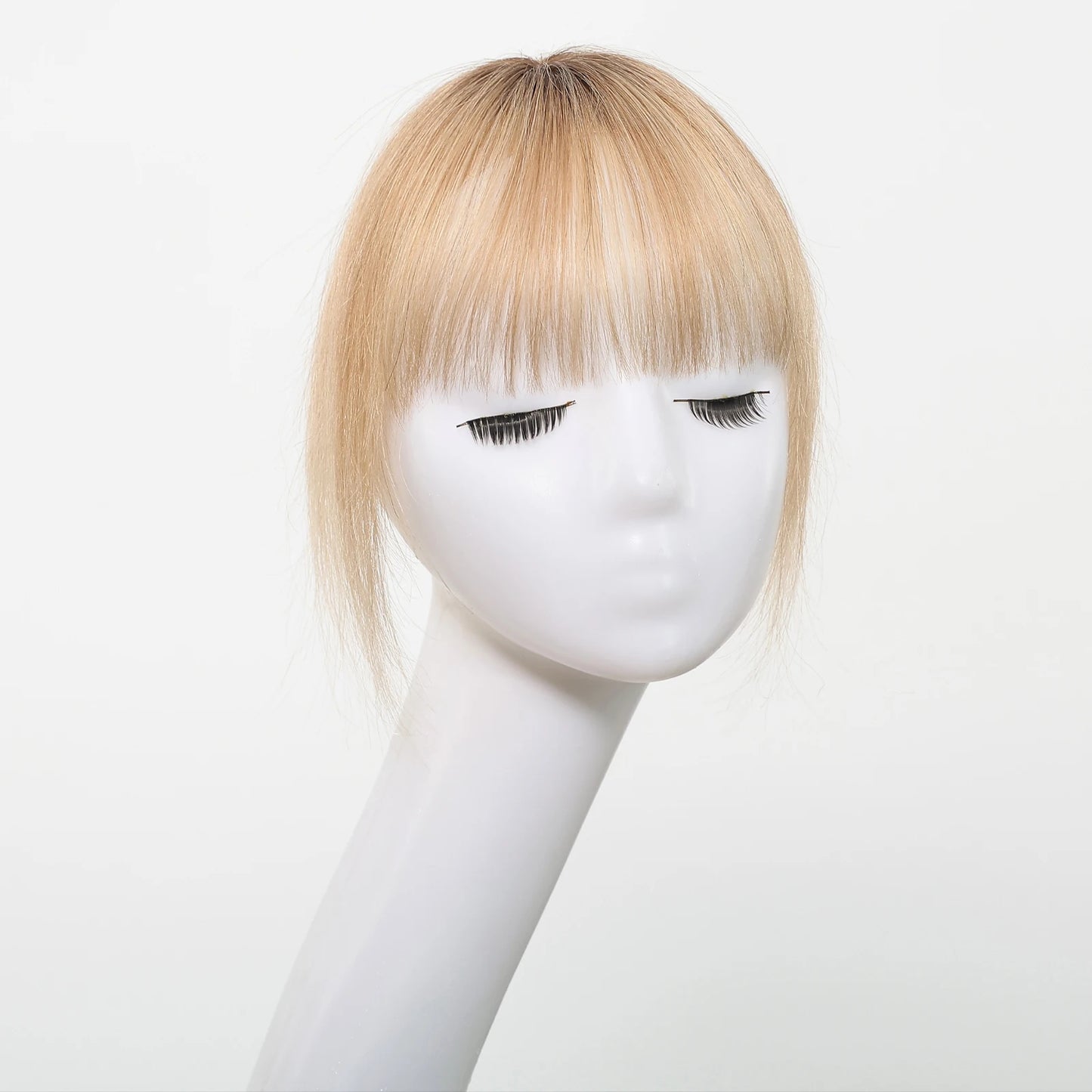 100% Human Hair Blonde Ombre Blunt Cut Wispy Bangs with Sideburns 5x5cm Clip-in Fringe Hairpiece with Top Hair Patch for Daily