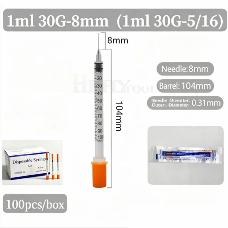 100Pcs 0.3ml/0.5ml/1ml Sterile Individually Syringe 29Gx13mm 31G 8mm 6mm needles for Pet Veterinary Lab Industrial Dispensing