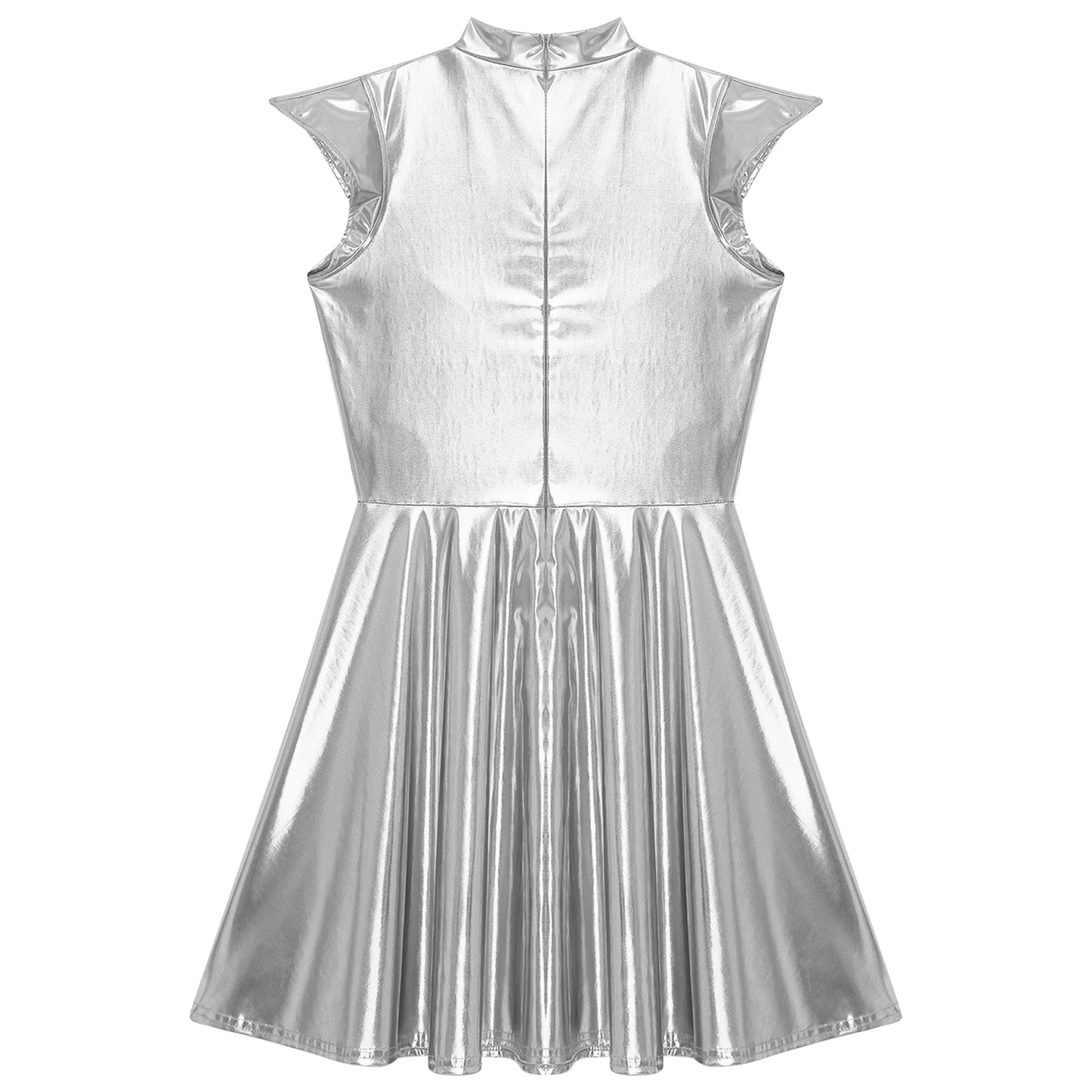 Womens Cocktail Dress Shiny Metallic Dress Alien Space Cap Sleeve High Waist A-line Dress for Halloween Party High Street Dress
