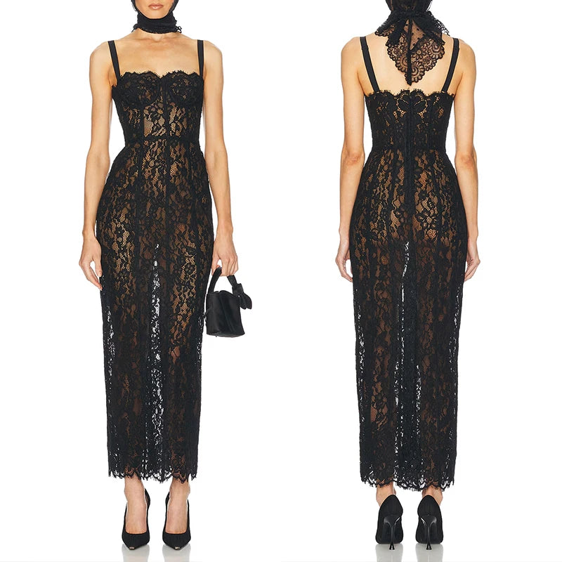 Women’s Cocktail Dress Sexy Lace Hollow Out Transparent Sleeveless Slim Fit Maxi Party Club Evening Gown White Long Dresses