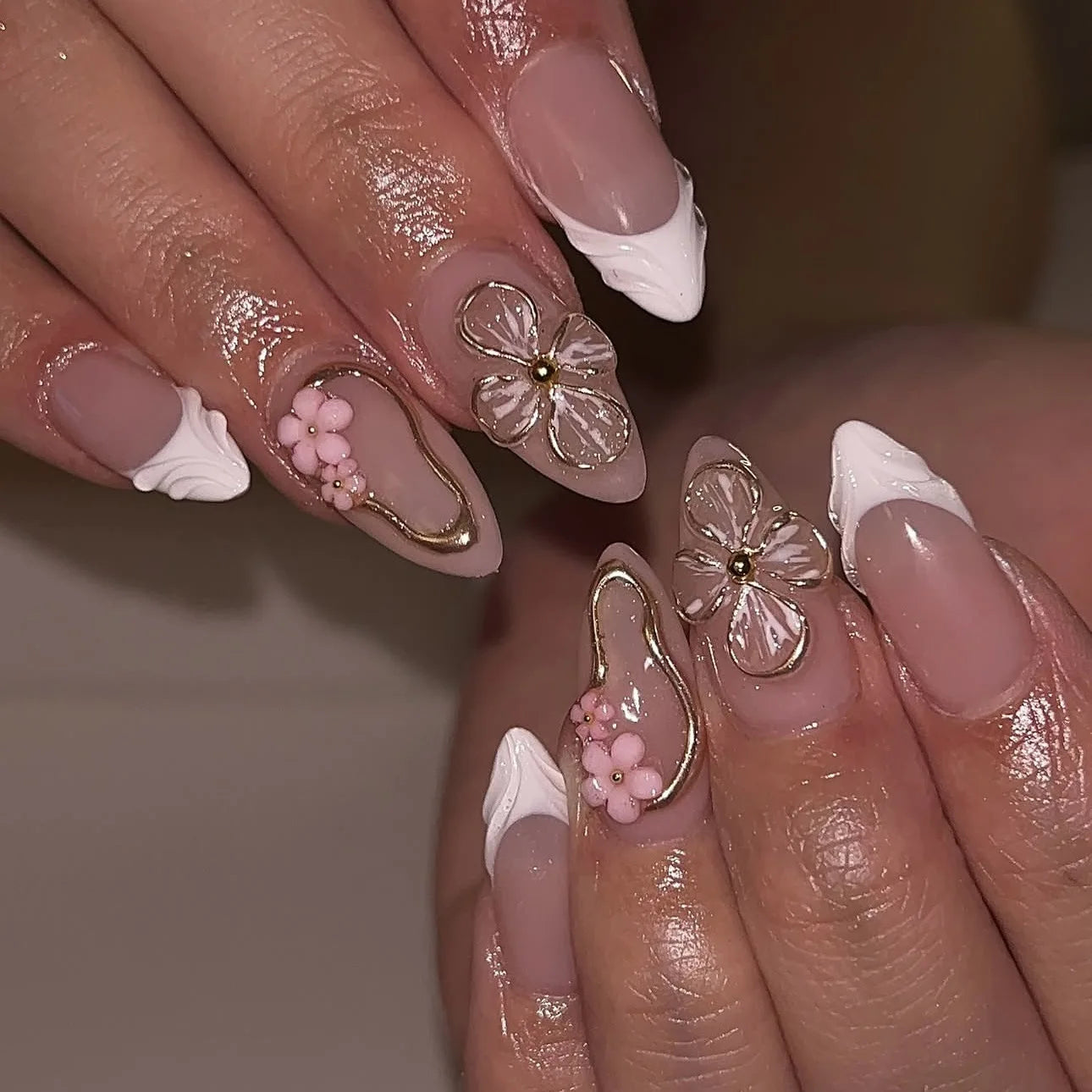 24pcs Long Almond False Nails with Flower Pearl Rhinestone Design Fake Nails Leopard Print Press on Nails Sets Finished Manicure