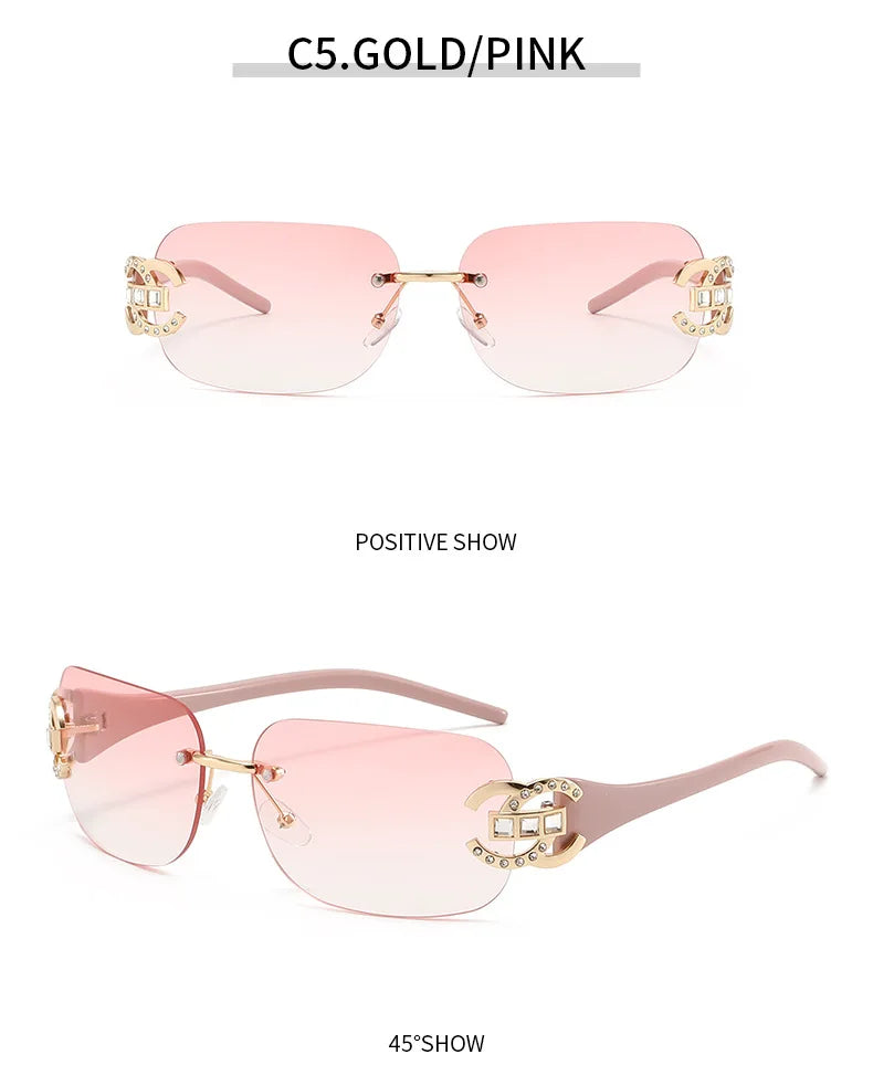 Sexy Popular Ins Rimless Square Sunglasses for Women Luxury Brand Design Diamond Punk Sun Glasses Cute Pink Shades Girls Eyewear