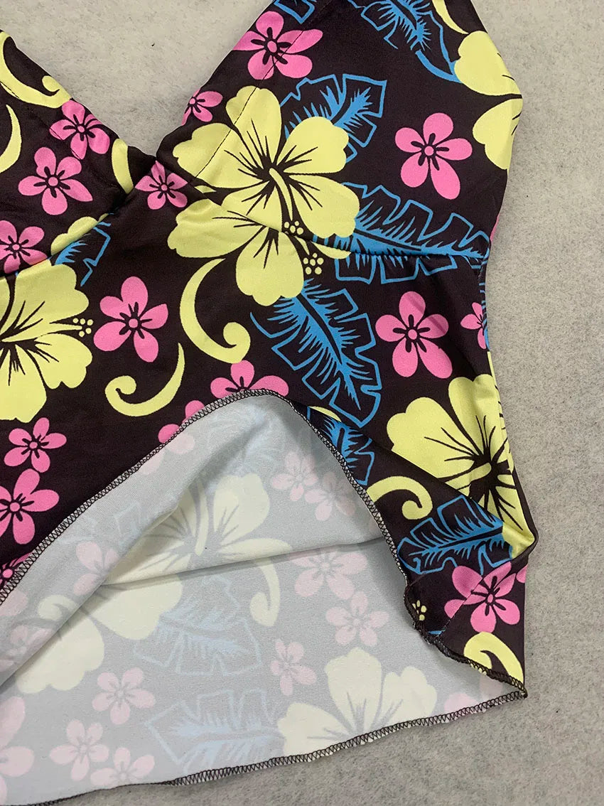 Retro Hawaiian Style Women Tankini Swimwear Floral Halter V Neck Shir Top Matching Brown Short Bottom Self Tie Waist Beach Suits