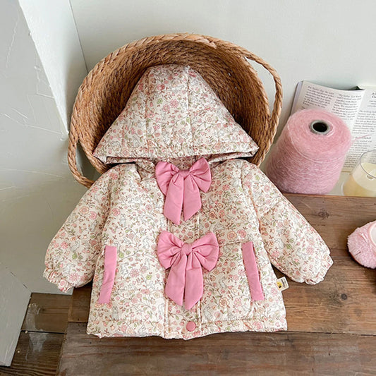 Winter Warm Toddler Girls Puff Coat Outwears Princess Floral Print Long Sleeve Zipper Closure Hood Down Jacket Kids Snow Wear