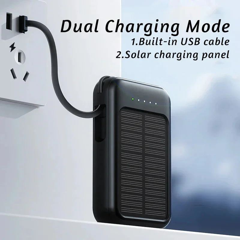 50000mAh High Capacity Solar Power Bank Built in Cable Solar Charger 2-USB Ports External Charger Power Bank LED Light 2026 New