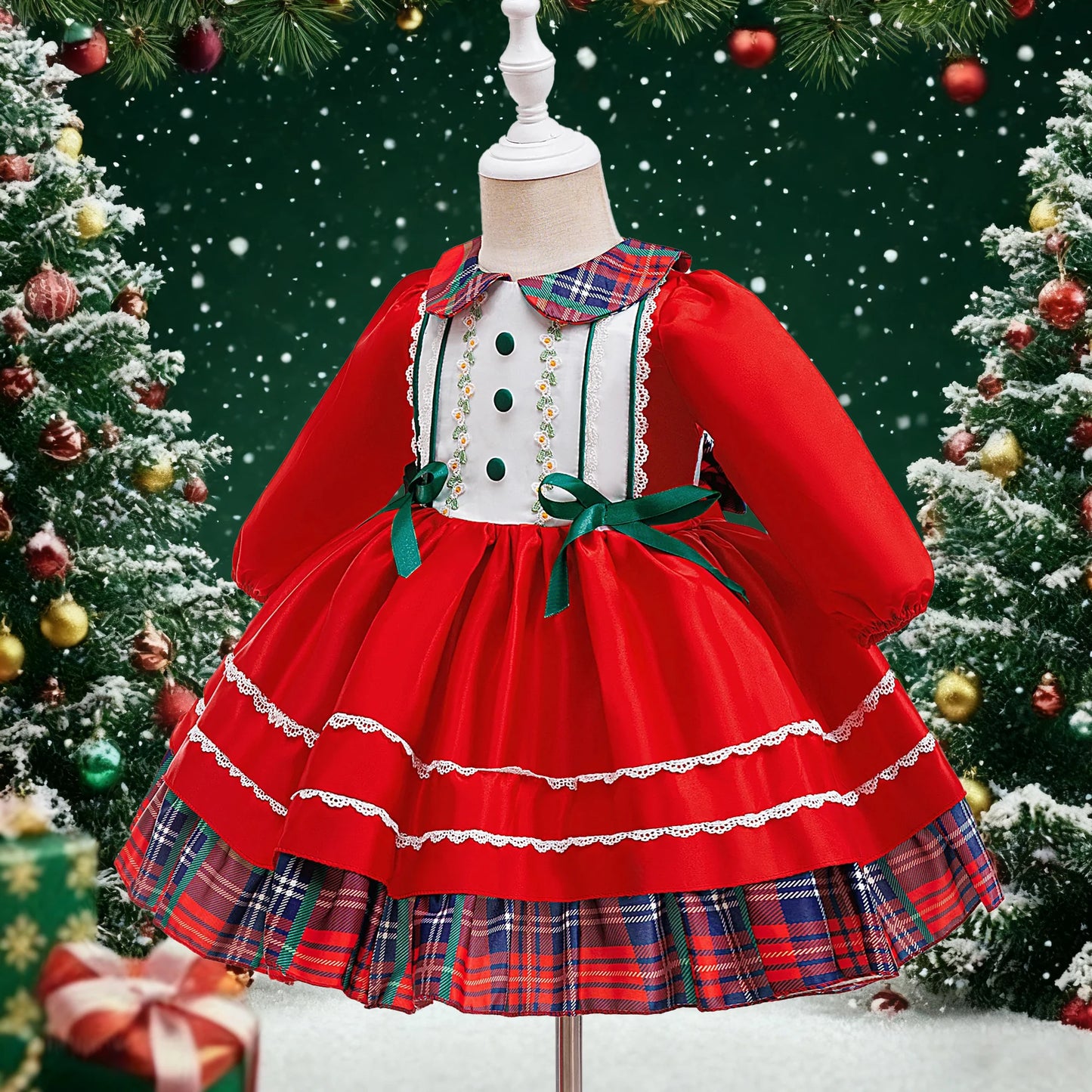 Long Sleeve Plaid Party Baby Dress for Girls Carnival Halloween Christmas Cosplay Costume Elegant Baby Prom 1st Birthday Dresses
