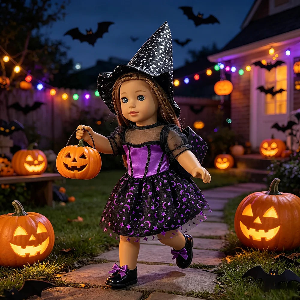 Halloween Doll Costume Outfit Suitable for 18 Inch Dolls. Doll Holiday Costume Set with Three Pieces and Doll Accessories
