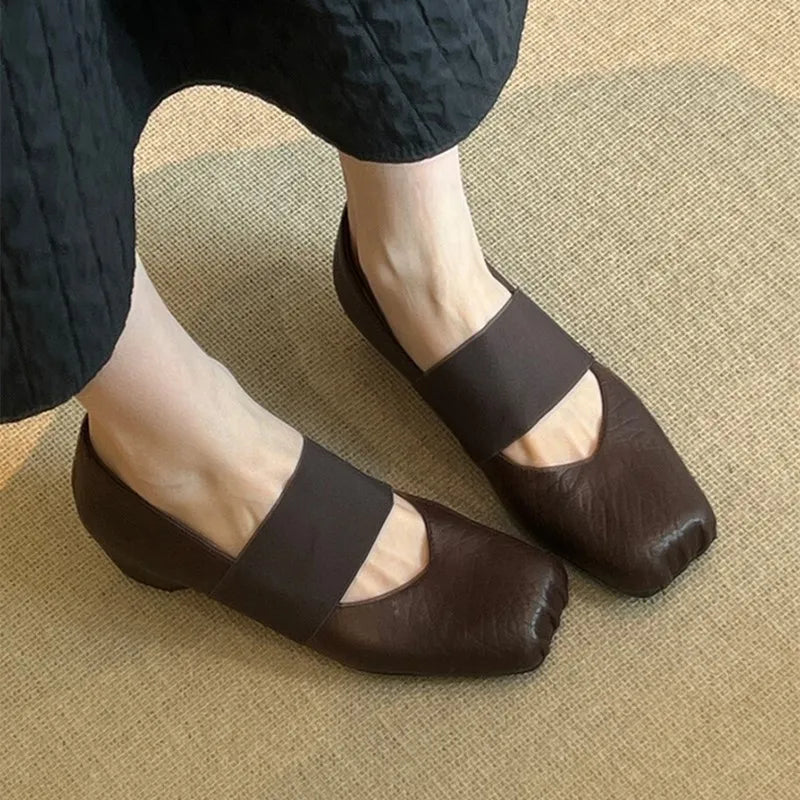 Luxury Shoes Women2026 New Leather Square Toe Elastic Band Mary Jane Women's Shallow Toe Flat Single Shoe Shoes for Women