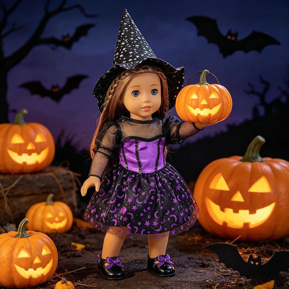 Halloween Doll Costume Outfit Suitable for 18 Inch Dolls. Doll Holiday Costume Set with Three Pieces and Doll Accessories