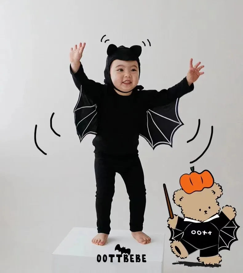 2025 Autumn New Baby Halloween Clothes Set Boy Girl Infant Long Sleeve Bat Tops + Pants + Hat 3pcs Suit Baby Halloween Costume
