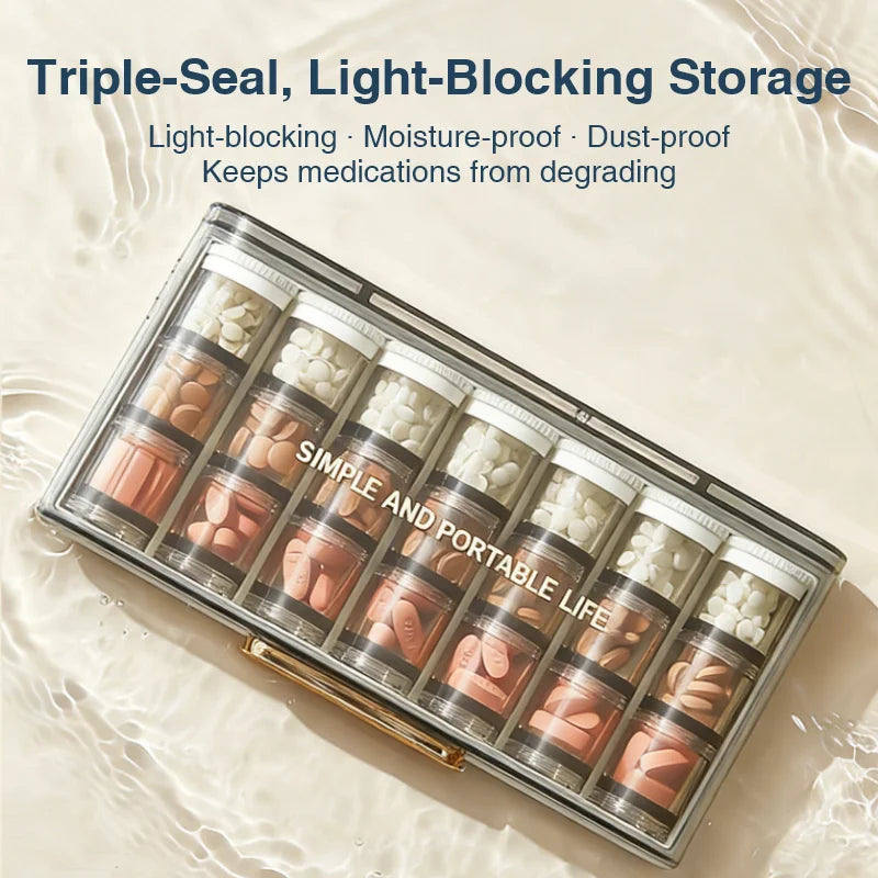 Portable Rotary Pill Box with Independent Mini Bottles, Leak-proof & Moisture-proof Travel Medicine Organizer, Secure Seal Weekl