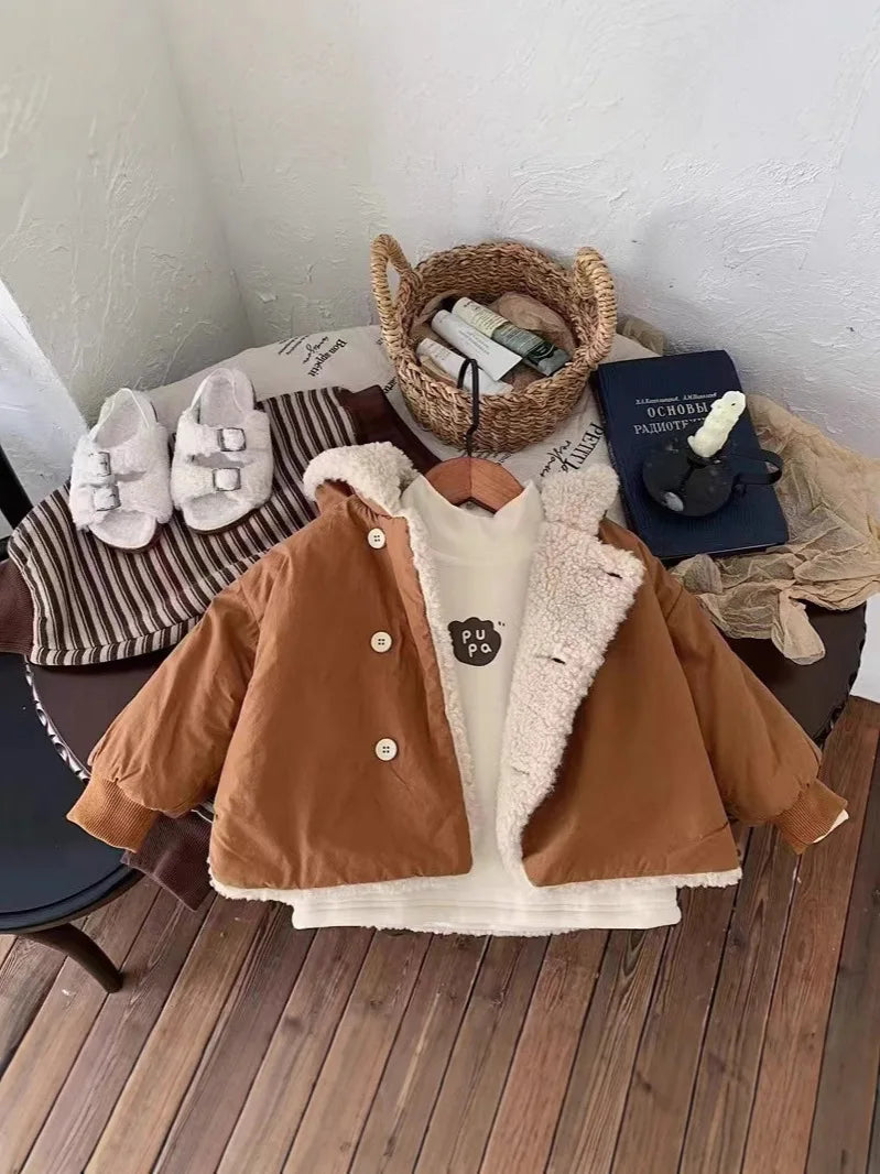 2025 Winter New Baby Warm Lamb Cashmere Hooded Coat Solid Versatile Boys Girls Padded Jacket Plus Velvet Thick Infant Clothes