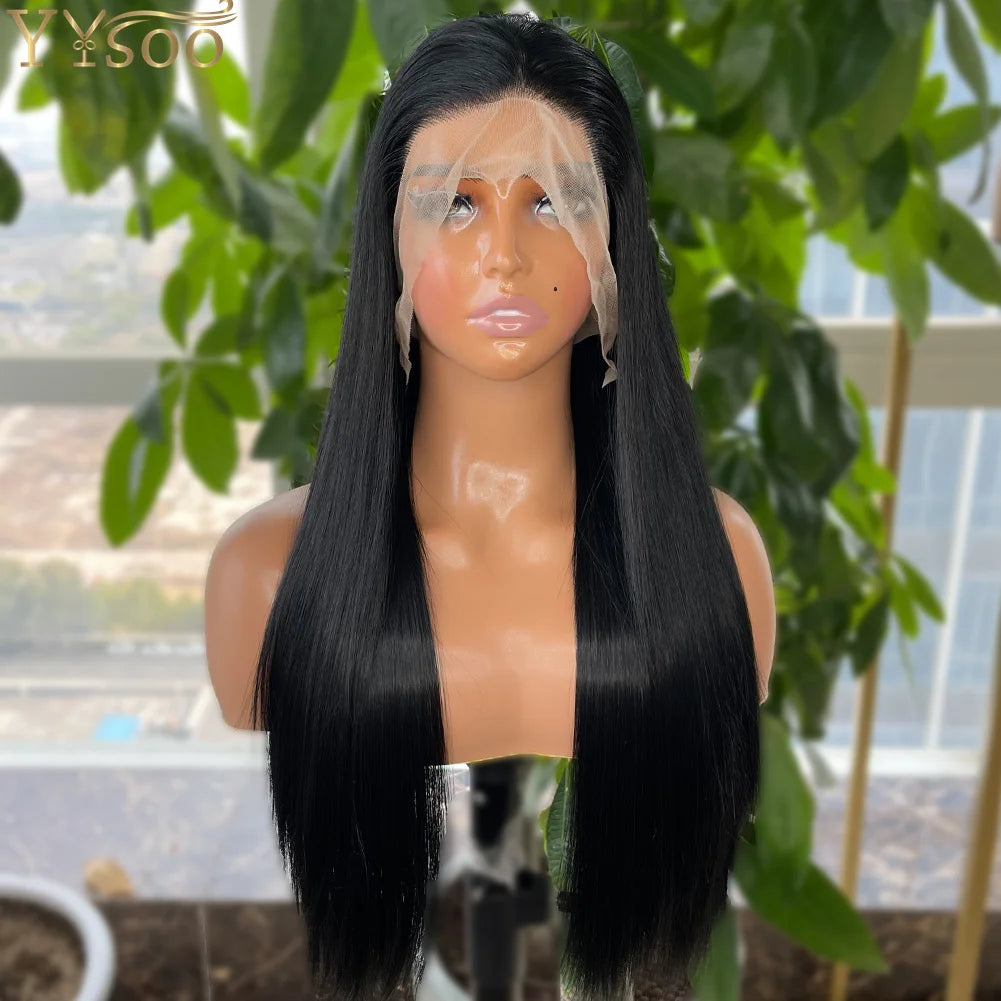 YYsoo 1# Long Silky Straight Dark Black Synthetic Full Lace Wigs for Women Heat Resistant Japan Futura Hair All Hand Tied Wig