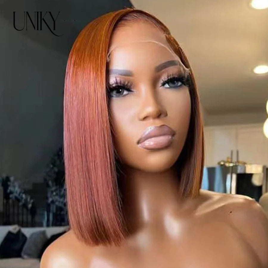 Short Bob Human Hair Wigs Straight Reddish Brown 13x4 Full Lace Frontal Wigs For Women 180 Density Color #33 Glueless Wig
