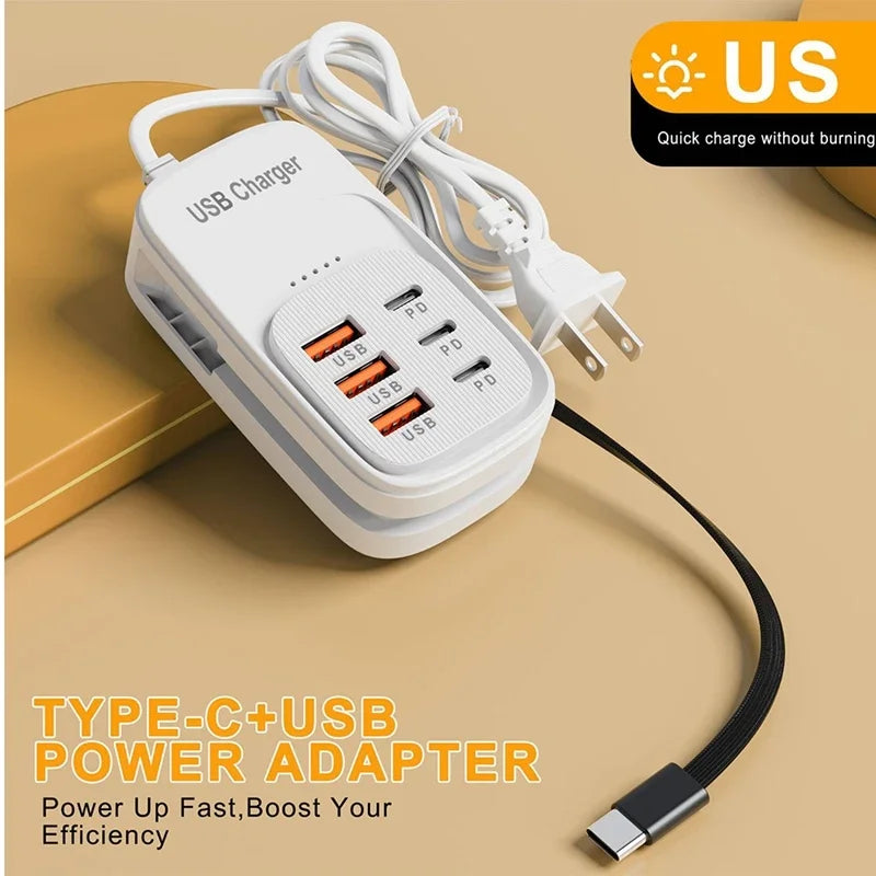 New USB Charger 6-in-1 Power Strip Desktop Charging Station With Fast Charging Cord EU US Plug USB/C HUB Adapter Socket 3PD 3USB