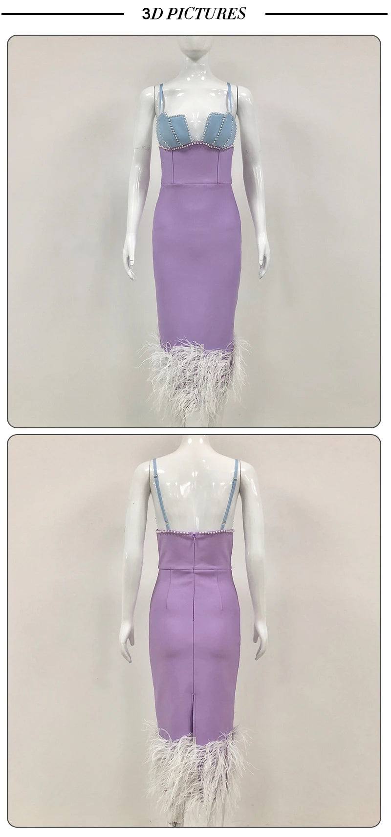 VC Ladies Feather Bead Spaghetti Straps Pearls Backless Fashion Bandage Midi Elegant Party Cocktail Dress Vestidos