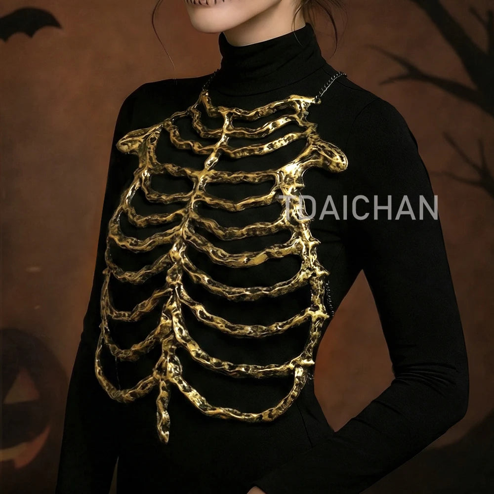2026Halloween 3D Skeleton Ribcage Chest Piece Fake Bones Polyester Costume Prop for Horror Masquerade Party Makeup Accessories