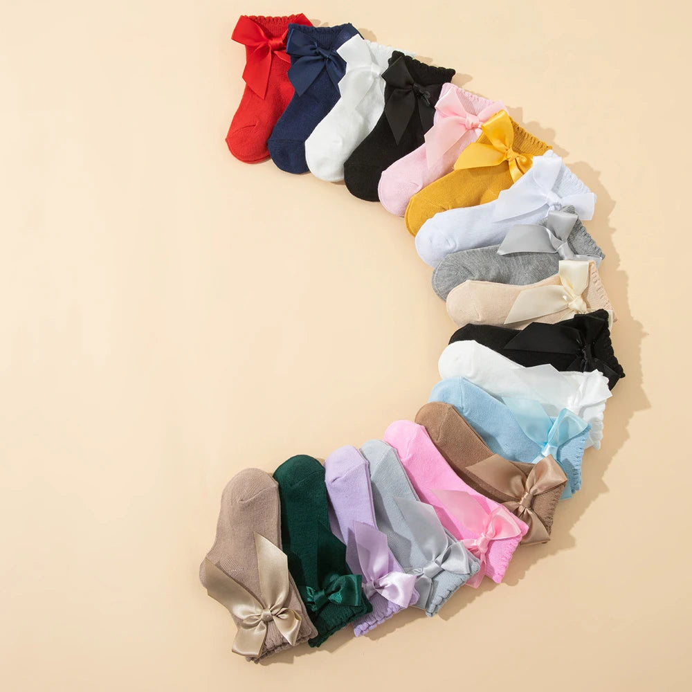 8 Pairs Baby Girls Bow Socks Set Soft  Ankle Socks 0-3Y Toddler Princess Socks With Big Bow Solid Color Kids Socks