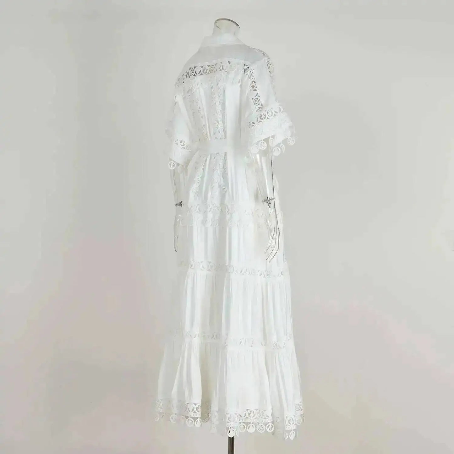 Luxury Long Maxi Dresses Shirt Women 2025 Summer Holiday Lace Embroidery Cotton Loose Big Size Hollow Out Wedding Dress White