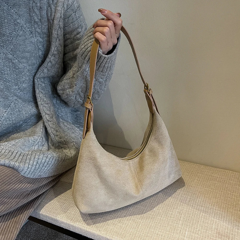 Vintage Handbag Purse for Women Suede Shoulder Bag Causal Crossbody Bags Female Luxury Designer Clutch Ladies Crescent Hobo Bag
